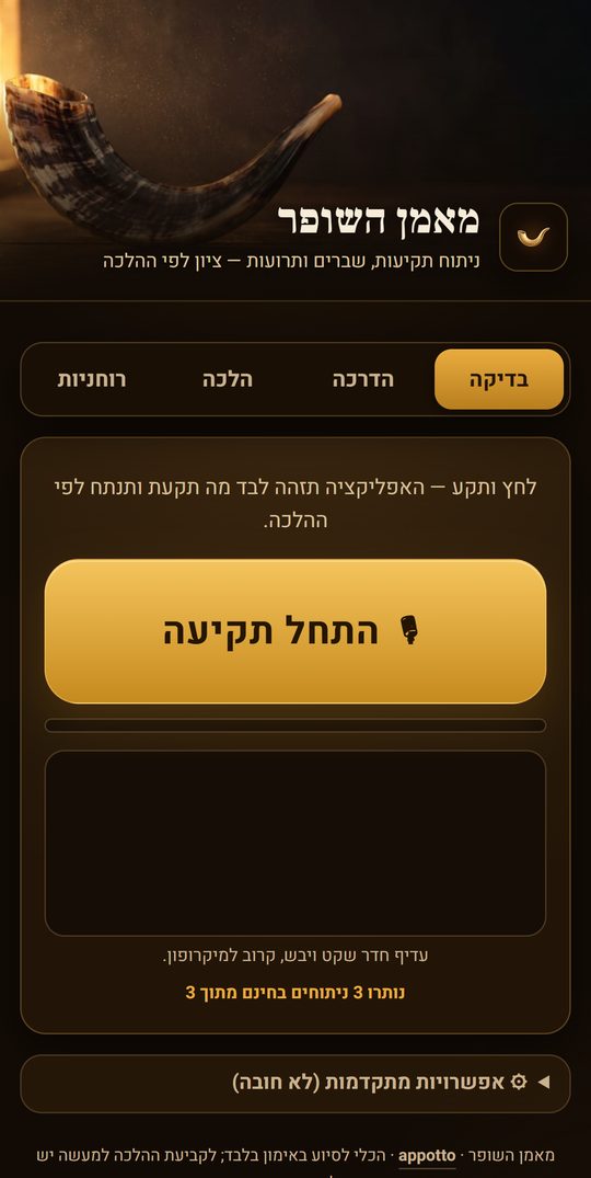 מסך הבדיקה עם כפתור ההקלטה